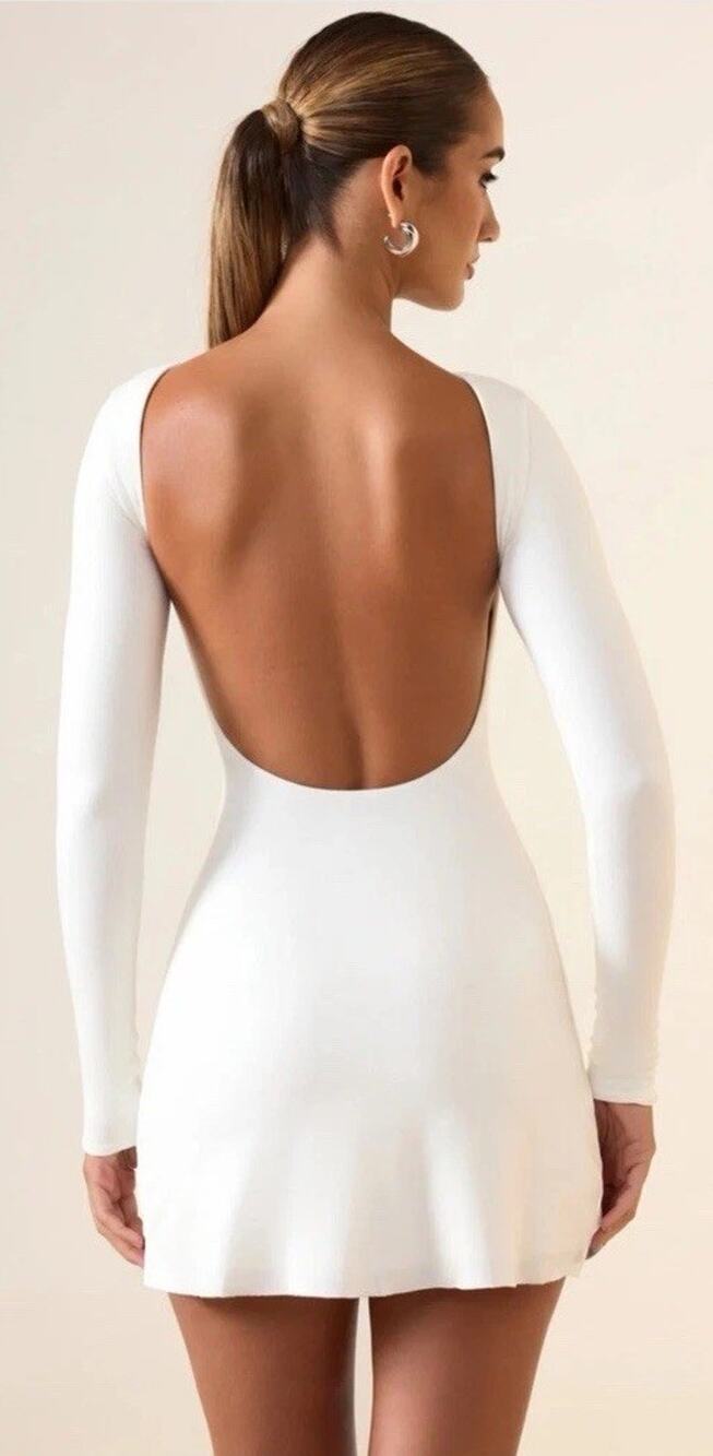 NWT Oh Polly Brenna Modal Ruched Open Back Mini Dress White XXS Long Sleeve